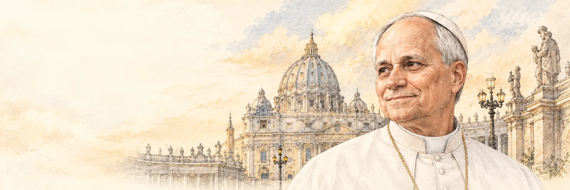 Retrato dibujado de León XIV ante la basílica de San Pedro