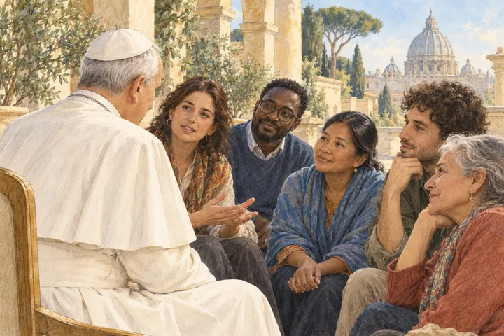 Escena simbólica dibujada de diálogo entre el papa y un grupo de personas