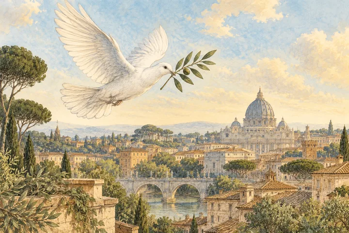 Paloma y rama de olivo sobre Roma, ilustración editorial