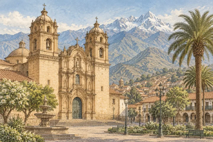 Paisaje andino e iglesia, ilustración editorial del Perú