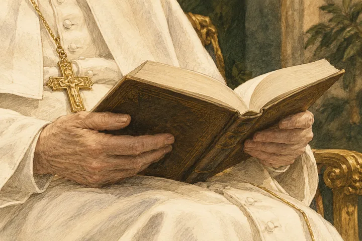 Libro abierto sostenido en unas manos, ilustración dibujada